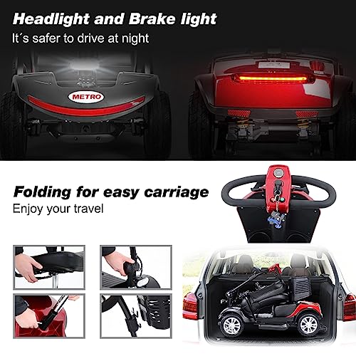 4 Wheel Mobility Scooter, Portable Electric Power Wheelchair, Range Extended Battery Compact Heavy Duty Travel Scooter, with Front Rear Lights and Basket for Seniors, Adults,Handicapped, Elderly (Red) - Image 6
