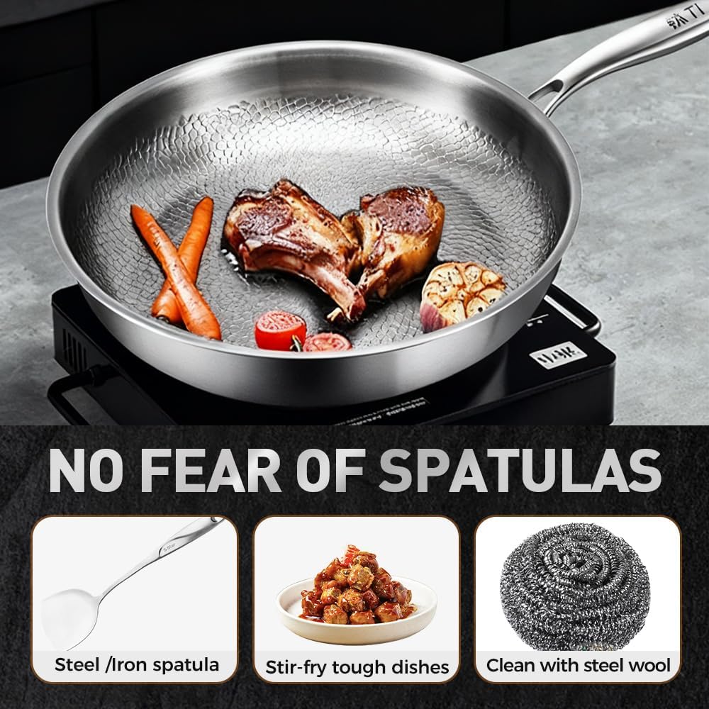 Titanium Hammered Pan Pro with Lid, 2025 New Multifunctional Ultra-Durable Scratch-Resistant Non Stick, 12 Pure Titaniums Pro Pans for Cook, Titanium Frying Pan for All Stovetops (11.81in, With Lid) - Image 3