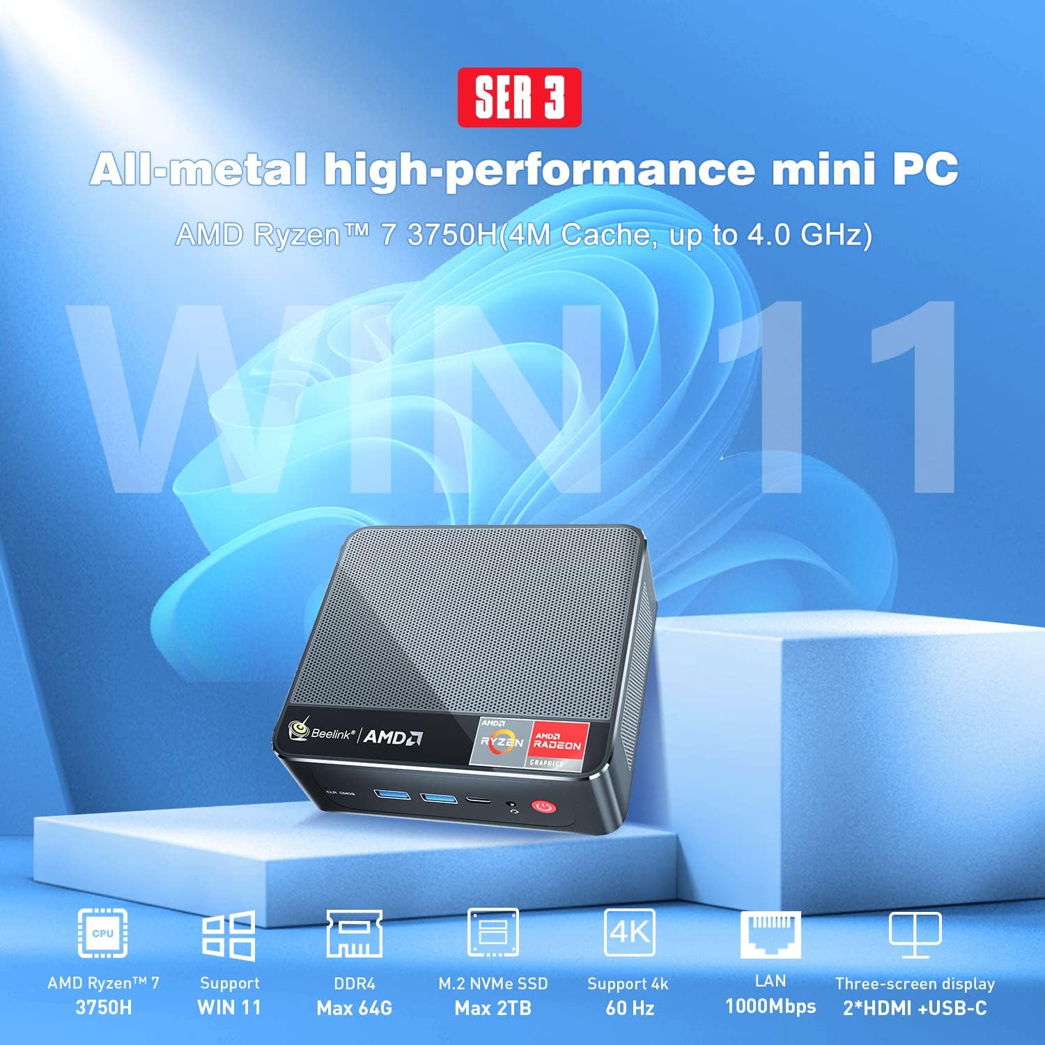 Beelink SER4 Ryzen Mini PC Windows 11 AMD Ryzen 7 4800U(7nm, 8C/16T)up to 4.2GHz, 32GB DDR4 RAM 512GB NVME SSD, 4K@60Hz Triple Display Dual HDMI+Type-C, Support 57W Mini Gaming Computer WiFi 6E BT5.0 - Image 11